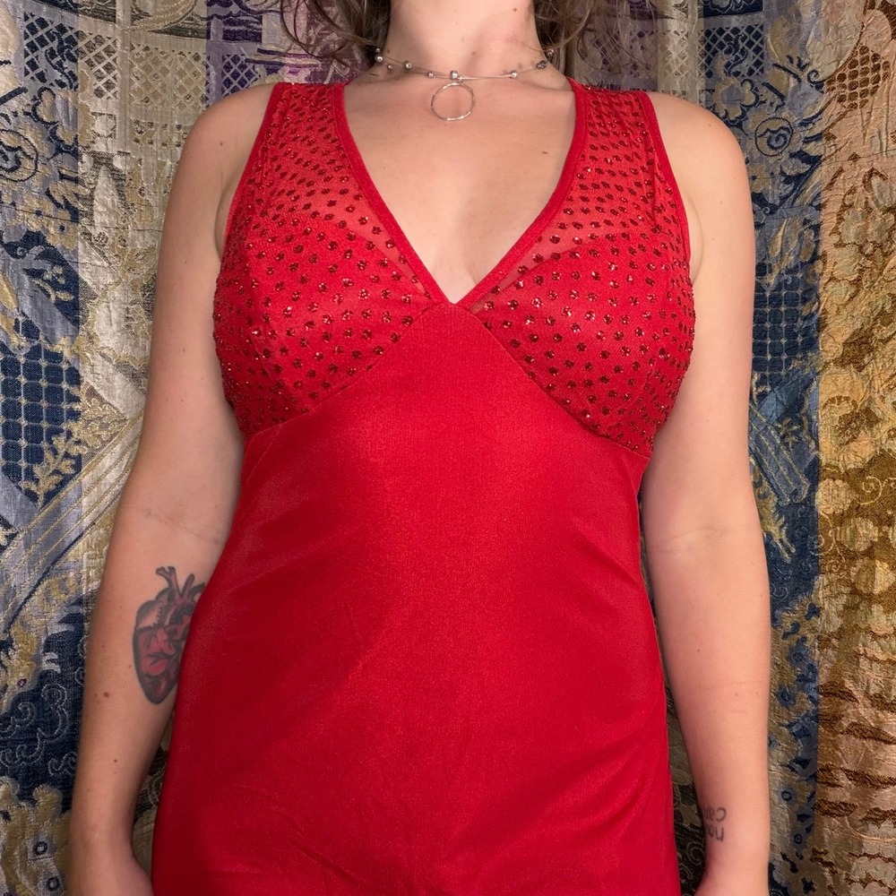 Y2K Red Mesh Empire Waist Romantic Tie Back Full Length Dress Size L